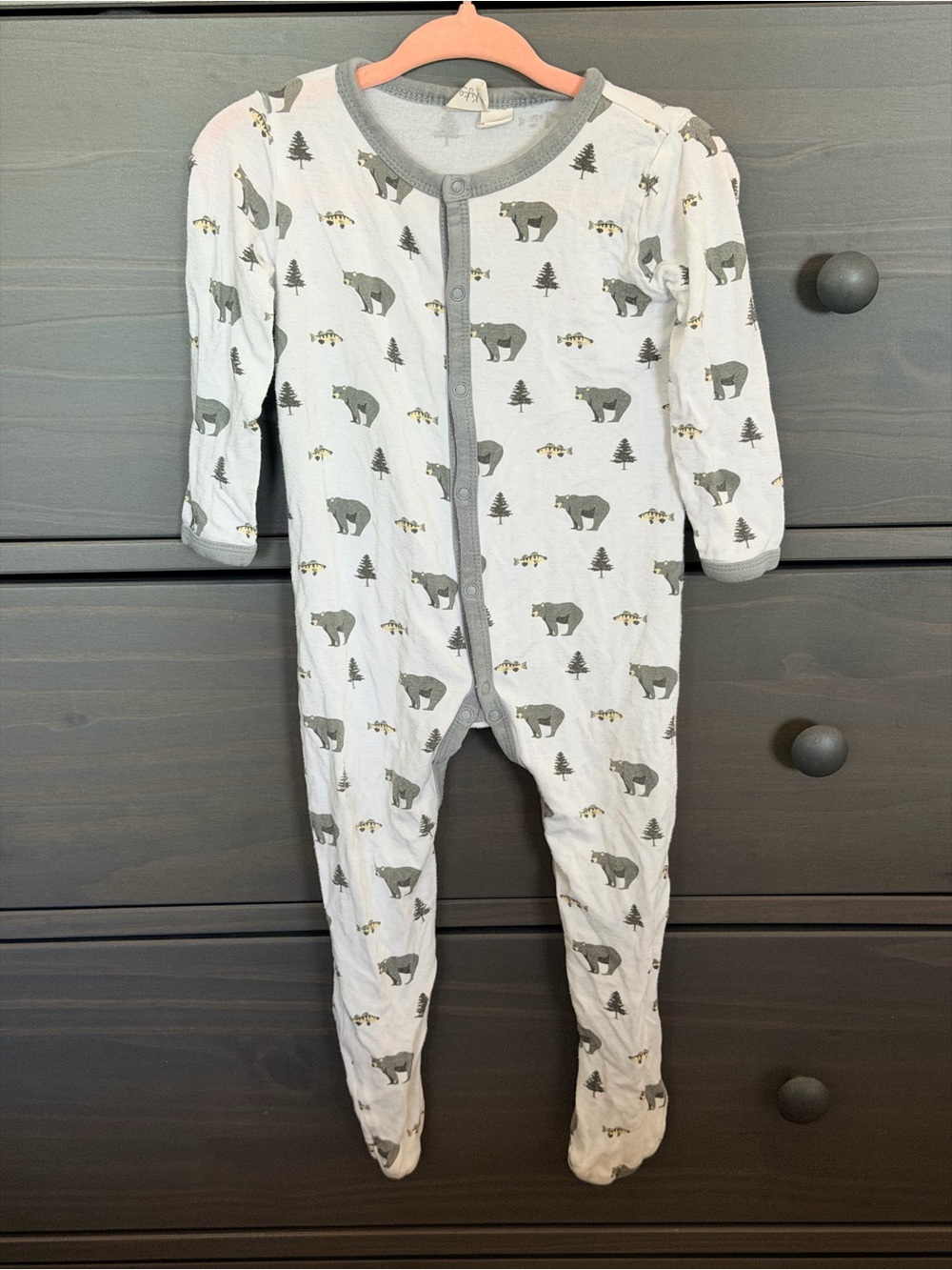 Kyte BABY White Footed Bamboo One-Piece with Gray Bear Print